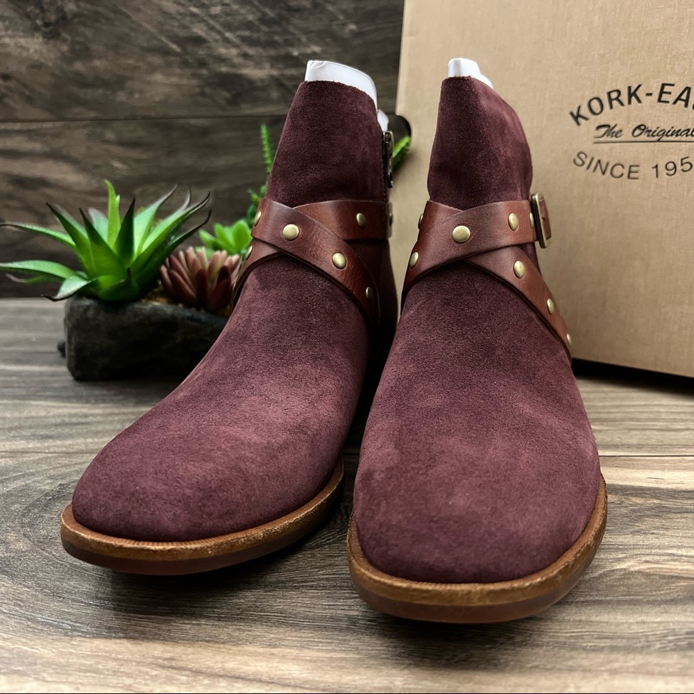 NIB Kork Ease Kenai Studded Ankle Boots Bootie Burgundy Suede Buckle Strap 8M - Picture 3 of 12